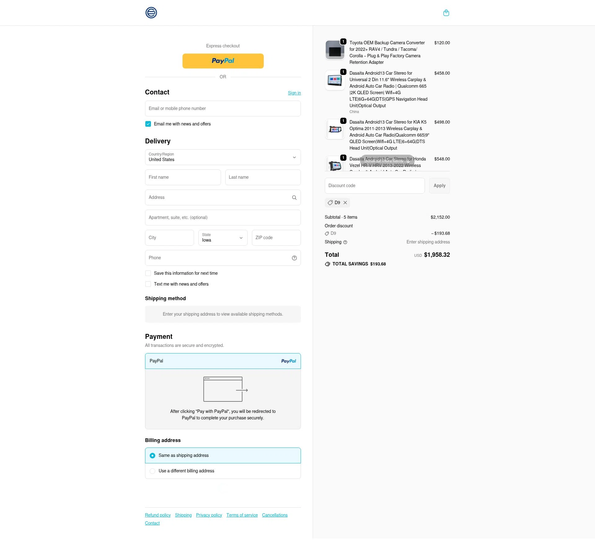 Dasaita checkout page showing Dasaita discount code box | Screenshot taken by SimplyCodes community member on Jan 3, 2026