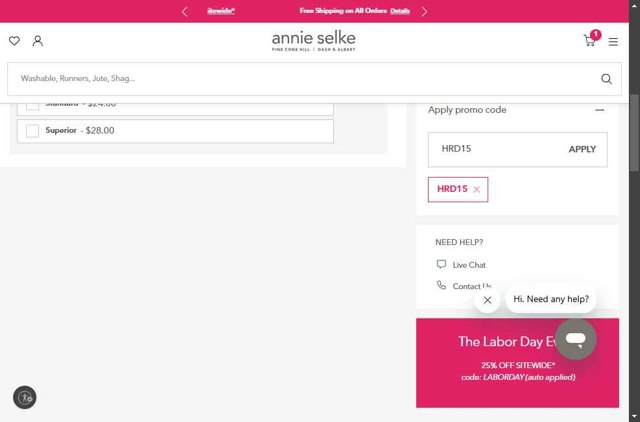 Annie Selke checkout page showing Annie Selke coupon code box | Screenshot taken by SimplyCodes community member on Aug 29, 2025