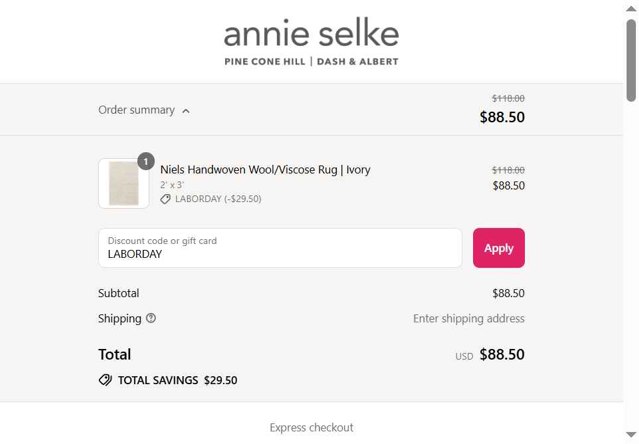 Annie Selke checkout page showing Annie Selke coupon code box | Screenshot taken by SimplyCodes community member on Aug 29, 2025