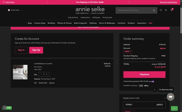 Annie Selke checkout page showing Annie Selke coupon code box | Screenshot taken by SimplyCodes community member on Aug 29, 2025