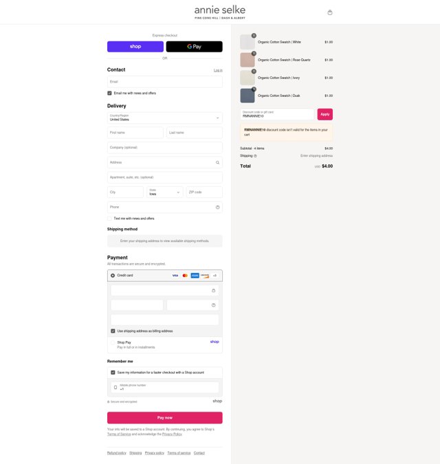 Annie Selke checkout page showing Annie Selke coupon code box | Screenshot taken by SimplyCodes community member on Sep 7, 2025