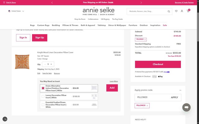 Annie Selke checkout page showing Annie Selke coupon code box | Screenshot taken by SimplyCodes community member on Aug 29, 2025