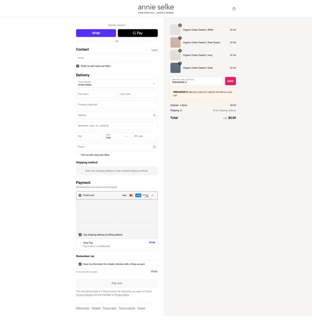 Annie Selke checkout page showing Annie Selke coupon code box | Screenshot taken by SimplyCodes community member on Sep 3, 2025