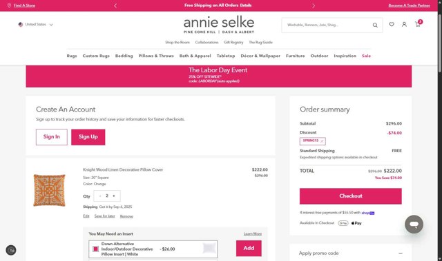Annie Selke checkout page showing Annie Selke coupon code box | Screenshot taken by SimplyCodes community member on Sep 3, 2025