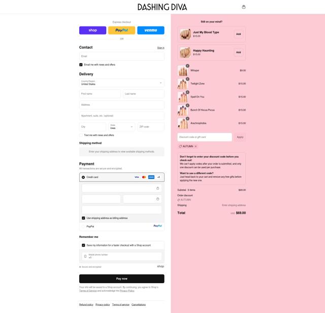 Dashing Diva checkout page showing Dashing Diva coupon code box | Screenshot taken by SimplyCodes community member on Sep 12, 2025