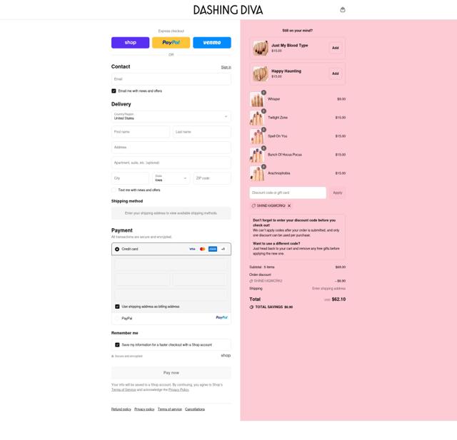 Dashing Diva checkout page showing Dashing Diva coupon code box | Screenshot taken by SimplyCodes community member on Sep 12, 2025
