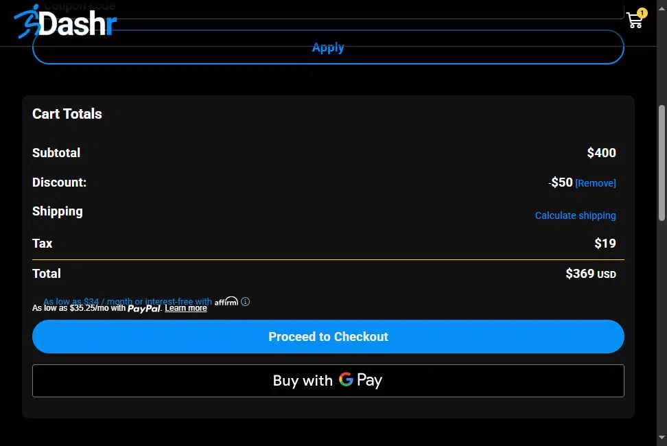 Dashr checkout page showing Dashr promo code box | Screenshot taken by SimplyCodes community member on Oct 7, 2025