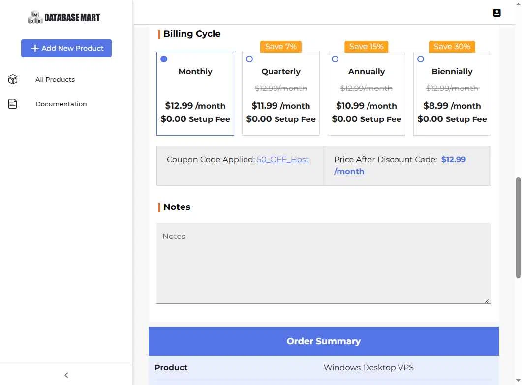 Database Mart checkout page showing Database Mart promo code box | Screenshot taken by SimplyCodes community member on Nov 12, 2025