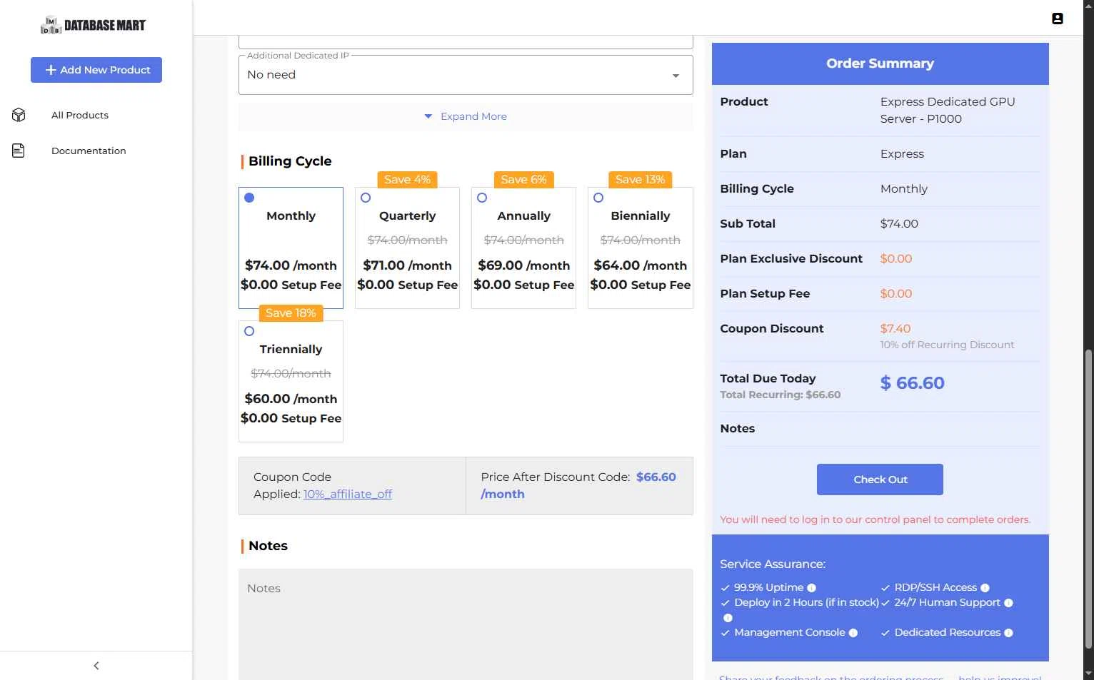 Database Mart checkout page showing Database Mart promo code box | Screenshot taken by SimplyCodes community member on Jan 5, 2026