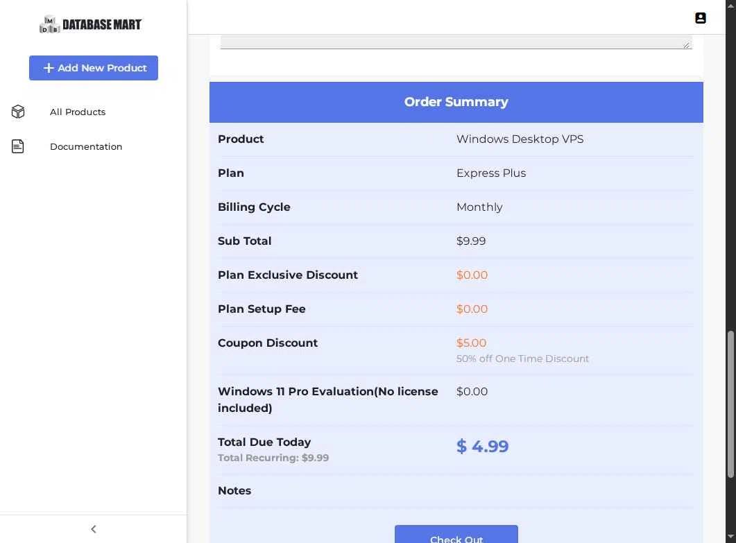Database Mart checkout page showing Database Mart promo code box | Screenshot taken by SimplyCodes community member on Jan 1, 2026