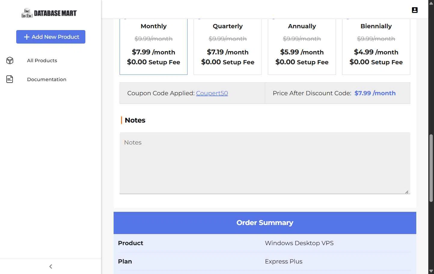 Database Mart checkout page showing Database Mart promo code box | Screenshot taken by SimplyCodes community member on Nov 11, 2025