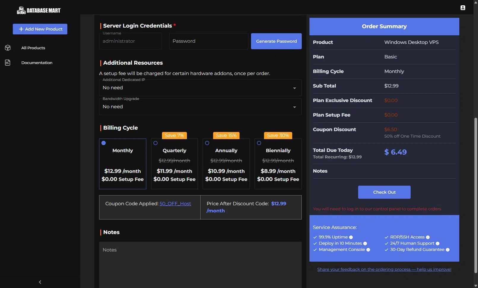Database Mart checkout page showing Database Mart promo code box | Screenshot taken by SimplyCodes community member on Dec 24, 2025
