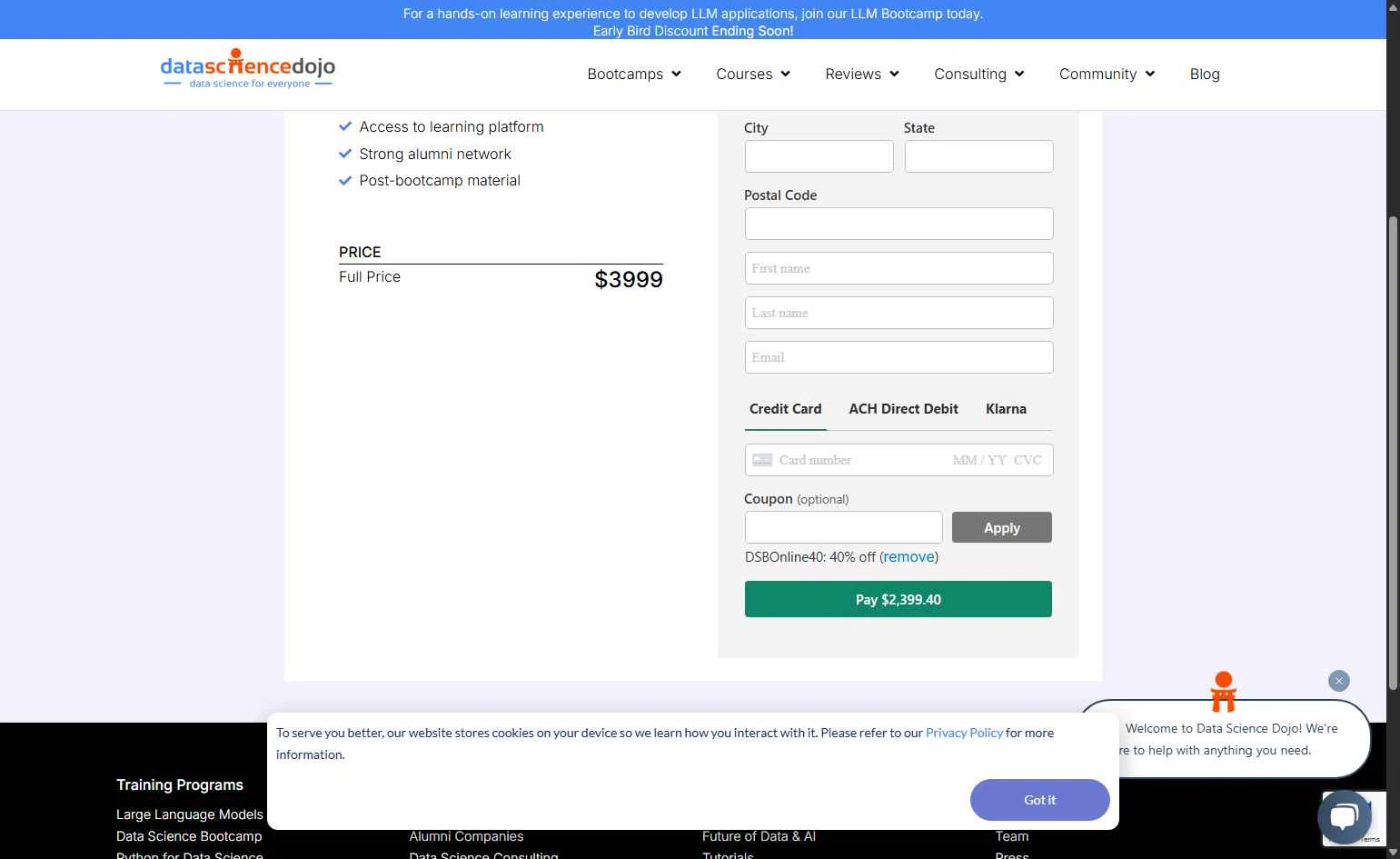 Data Science Dojo checkout page showing Data Science Dojo promo code box | Screenshot taken by SimplyCodes community member on May 21, 2025