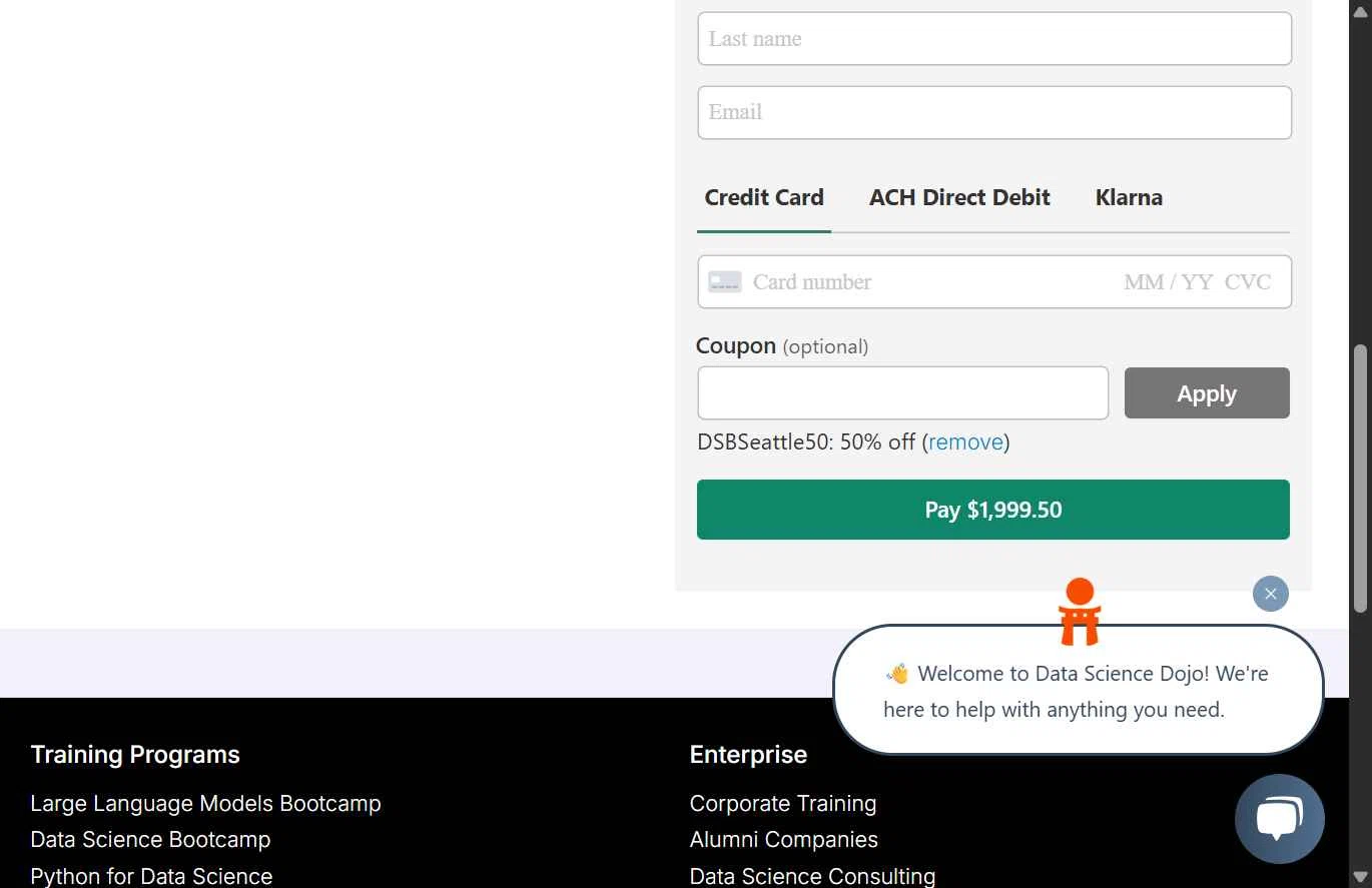 Data Science Dojo checkout page showing Data Science Dojo promo code box | Screenshot taken by SimplyCodes community member on May 29, 2025