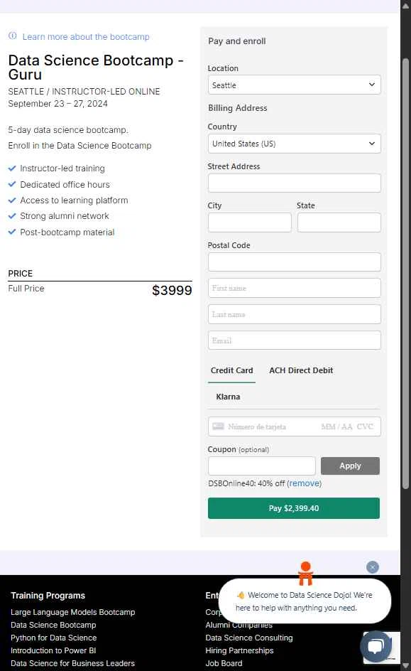Data Science Dojo checkout page showing Data Science Dojo promo code box | Screenshot taken by SimplyCodes community member on May 21, 2025