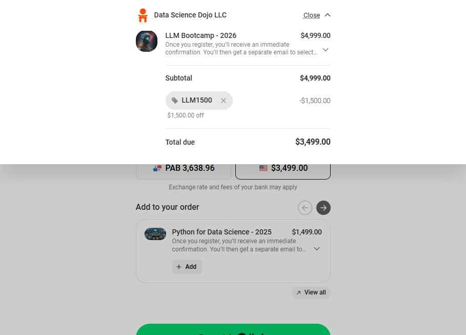 Data Science Dojo checkout page showing Data Science Dojo promo code box | Screenshot taken by SimplyCodes community member on Feb 6, 2026