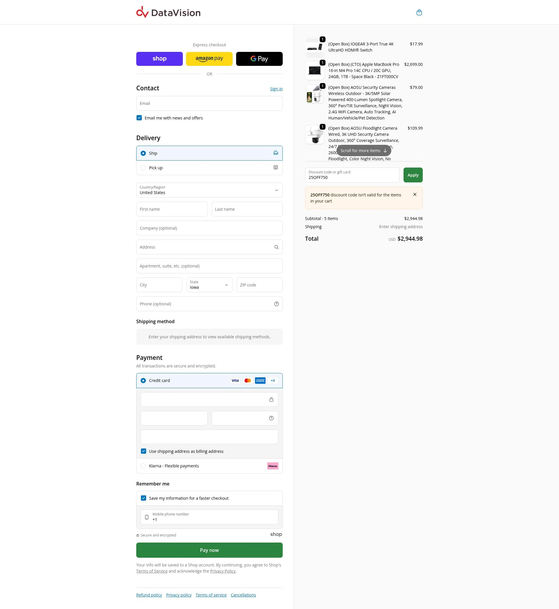 DataVision checkout page showing DataVision coupon code box | Screenshot taken by SimplyCodes community member on Dec 13, 2025