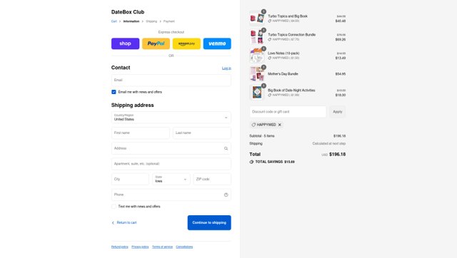DateBox Club checkout page showing DateBox Club discount code box | Screenshot taken by SimplyCodes community member on Sep 2, 2025