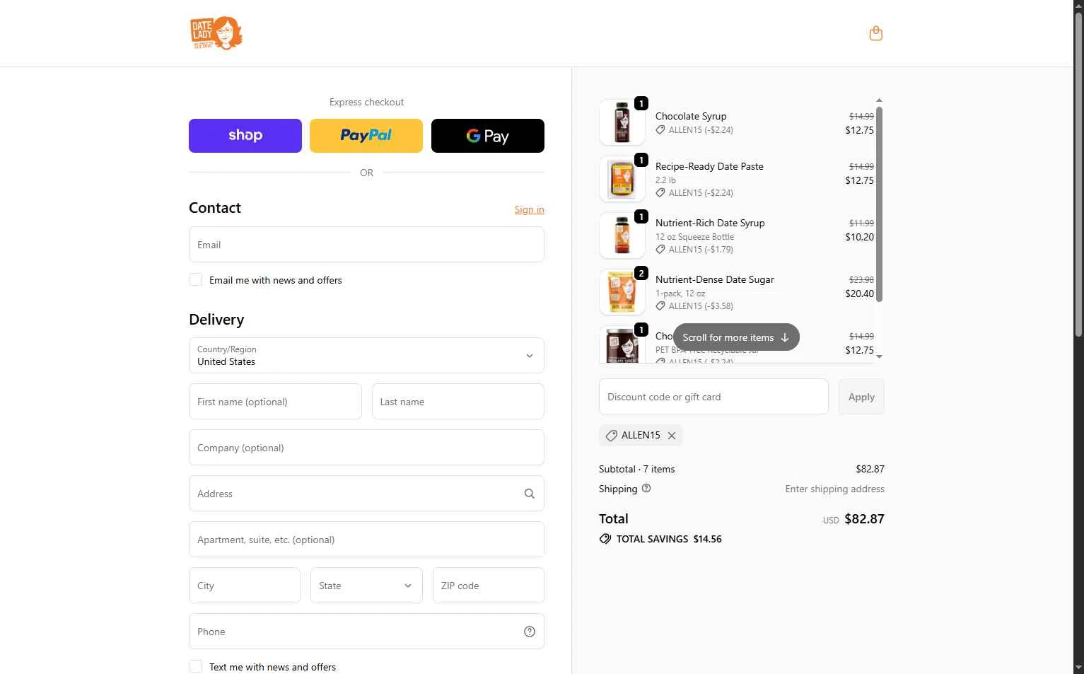 Date Lady checkout page showing Date Lady promo code box | Screenshot taken by SimplyCodes community member on Feb 5, 2026