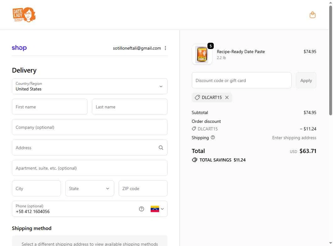 Date Lady checkout page showing Date Lady promo code box | Screenshot taken by SimplyCodes community member on Feb 5, 2026