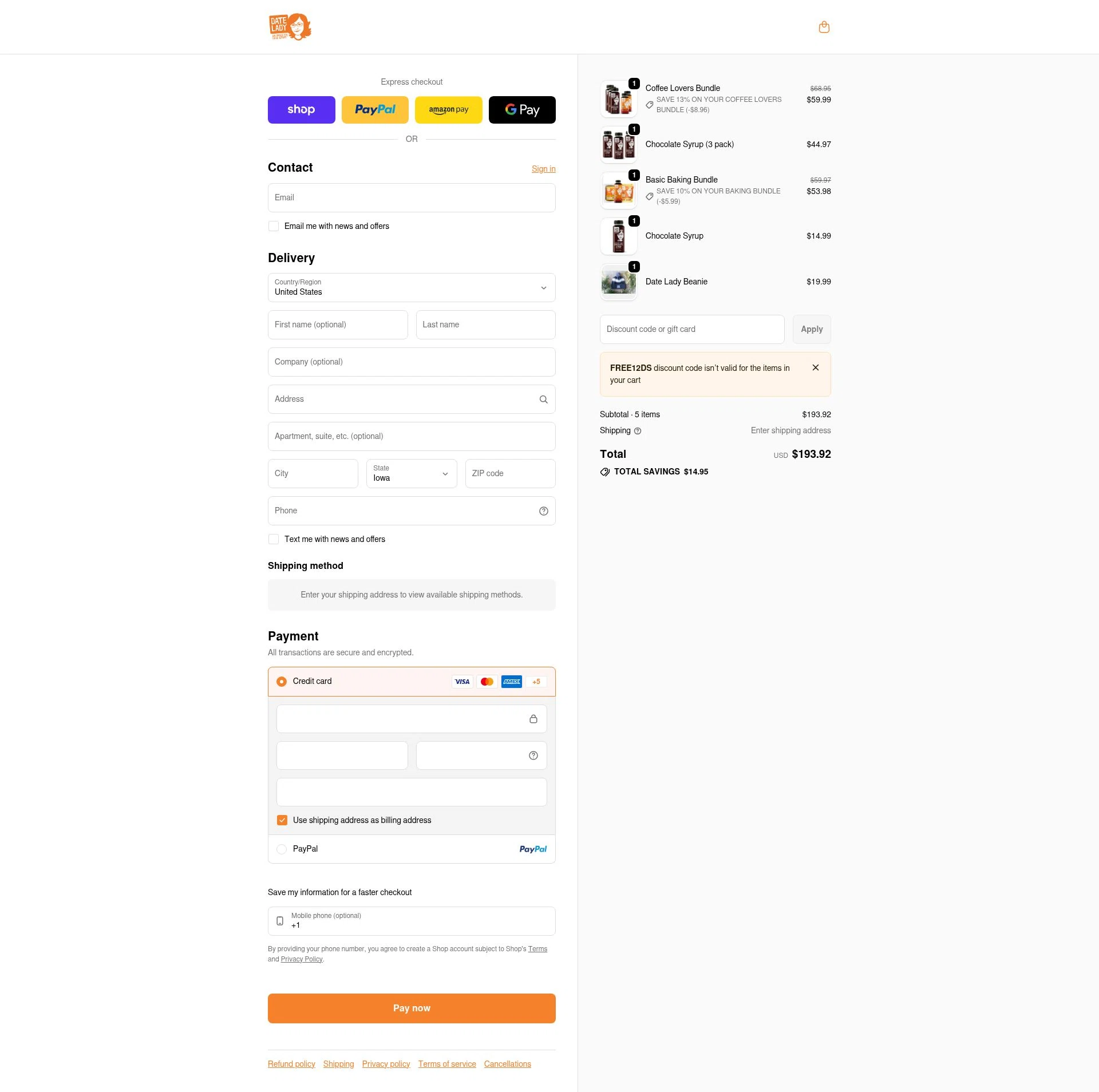Date Lady checkout page showing Date Lady promo code box | Screenshot taken by SimplyCodes community member on Feb 5, 2026