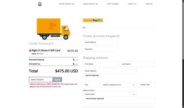 Date Night In checkout page showing Date Night In promo code box | Screenshot taken by SimplyCodes community member on Aug 14, 2025