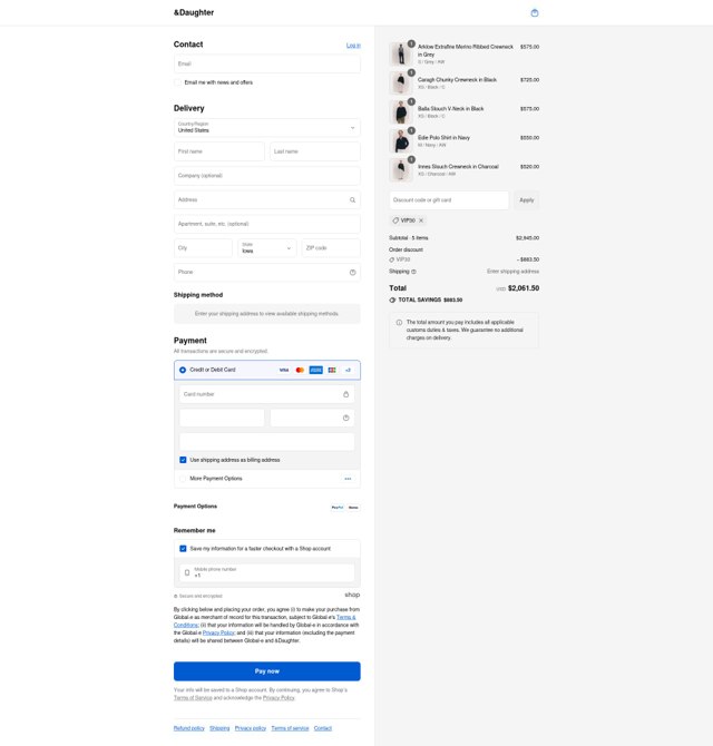 And-Daughter checkout page showing And-Daughter promo code box | Screenshot taken by SimplyCodes community member on Aug 23, 2025