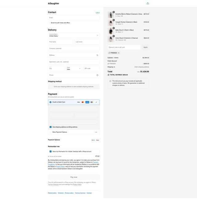 And-Daughter checkout page showing And-Daughter promo code box | Screenshot taken by SimplyCodes community member on Aug 13, 2025