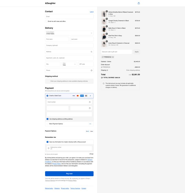 And-Daughter checkout page showing And-Daughter promo code box | Screenshot taken by SimplyCodes community member on Aug 23, 2025