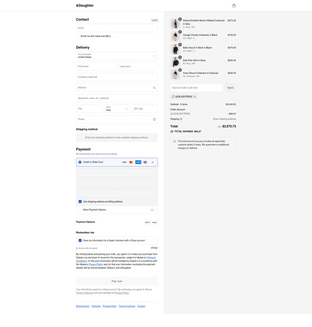 And-Daughter checkout page showing And-Daughter promo code box | Screenshot taken by SimplyCodes community member on Aug 23, 2025