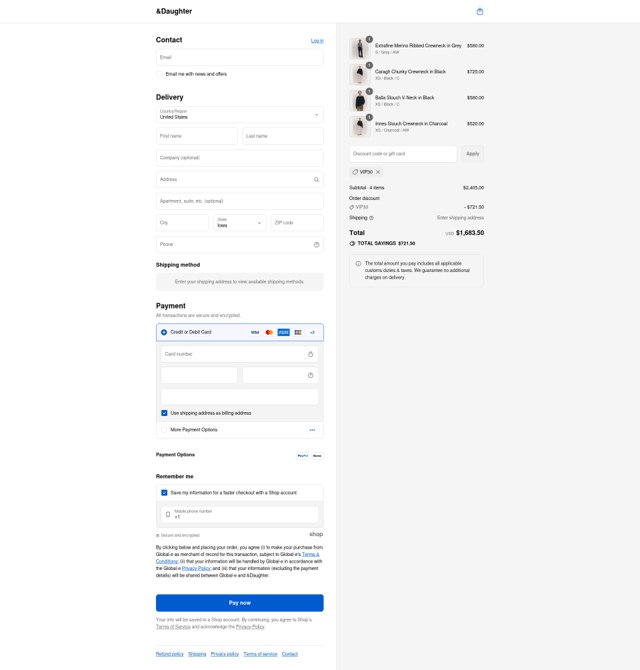 And-Daughter checkout page showing And-Daughter promo code box | Screenshot taken by SimplyCodes community member on Aug 17, 2025