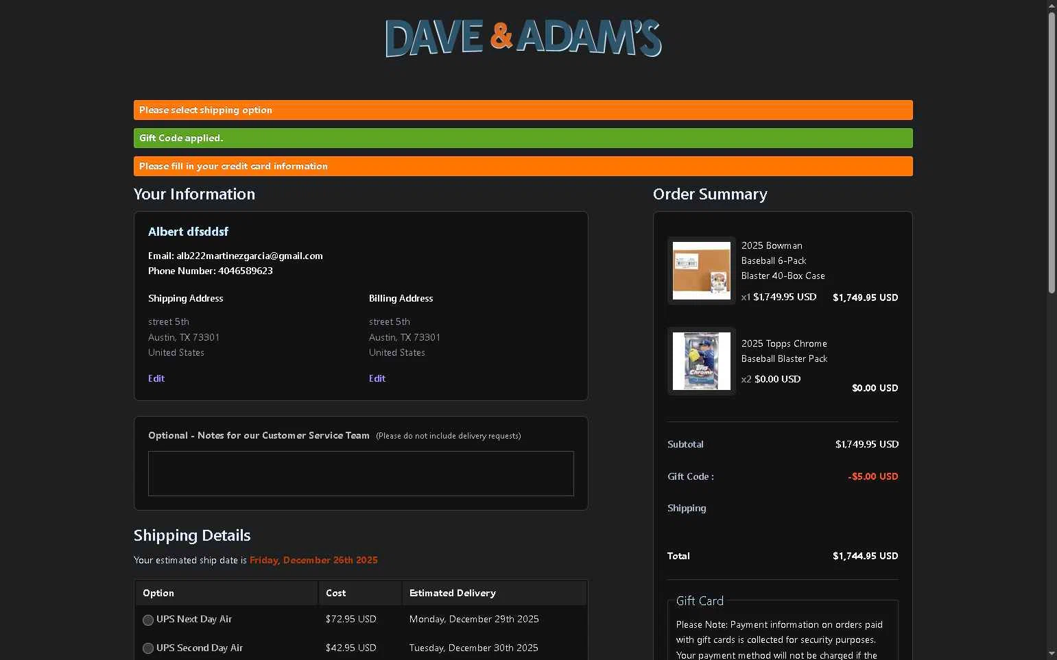 Dave & Adam's checkout page showing Dave & Adam's coupon code box | Screenshot taken by SimplyCodes community member on Dec 26, 2025