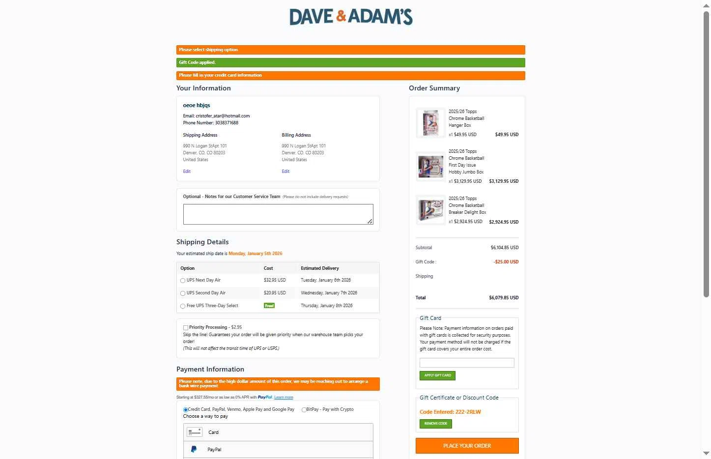 Dave & Adam's checkout page showing Dave & Adam's coupon code box | Screenshot taken by SimplyCodes community member on Jan 4, 2026