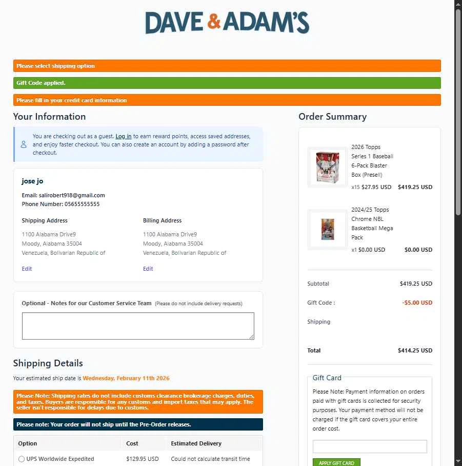 Dave & Adam's checkout page showing Dave & Adam's coupon code box | Screenshot taken by SimplyCodes community member on Feb 3, 2026