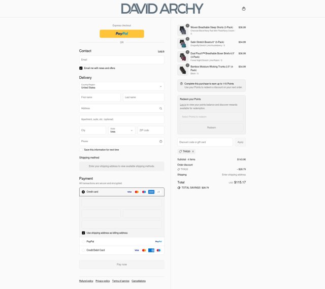 David Archy checkout page showing David Archy discount code box | Screenshot taken by SimplyCodes community member on Aug 26, 2025