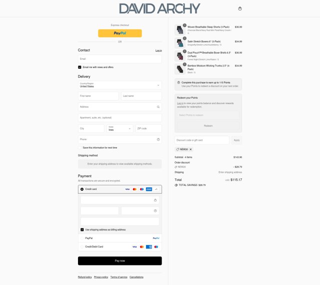 David Archy checkout page showing David Archy discount code box | Screenshot taken by SimplyCodes community member on Aug 26, 2025