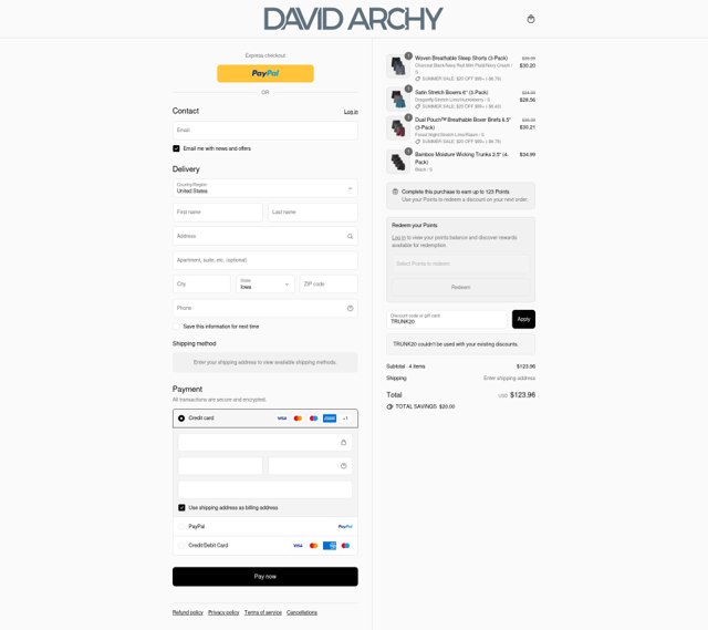 David Archy checkout page showing David Archy discount code box | Screenshot taken by SimplyCodes community member on Aug 26, 2025