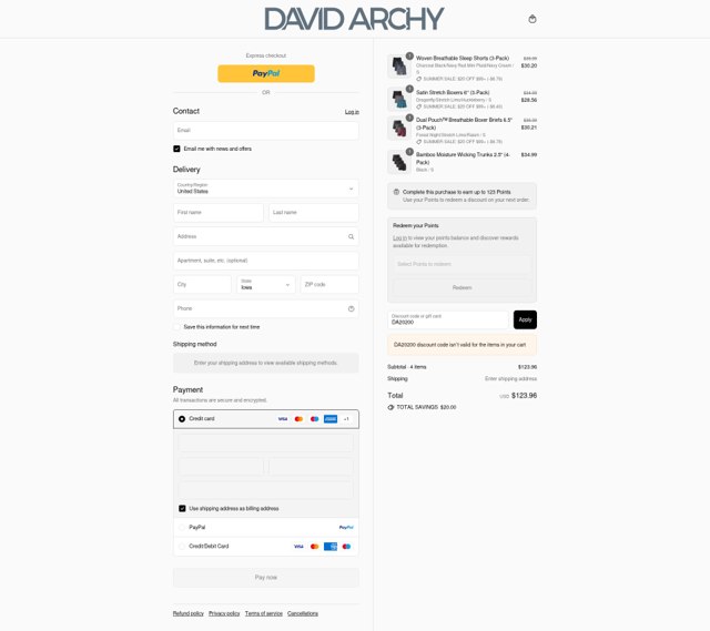 David Archy checkout page showing David Archy discount code box | Screenshot taken by SimplyCodes community member on Aug 26, 2025