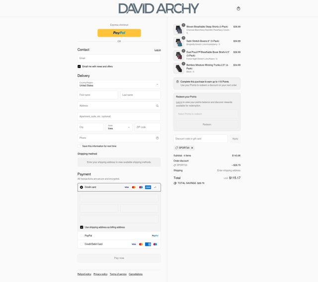 David Archy checkout page showing David Archy discount code box | Screenshot taken by SimplyCodes community member on Aug 26, 2025
