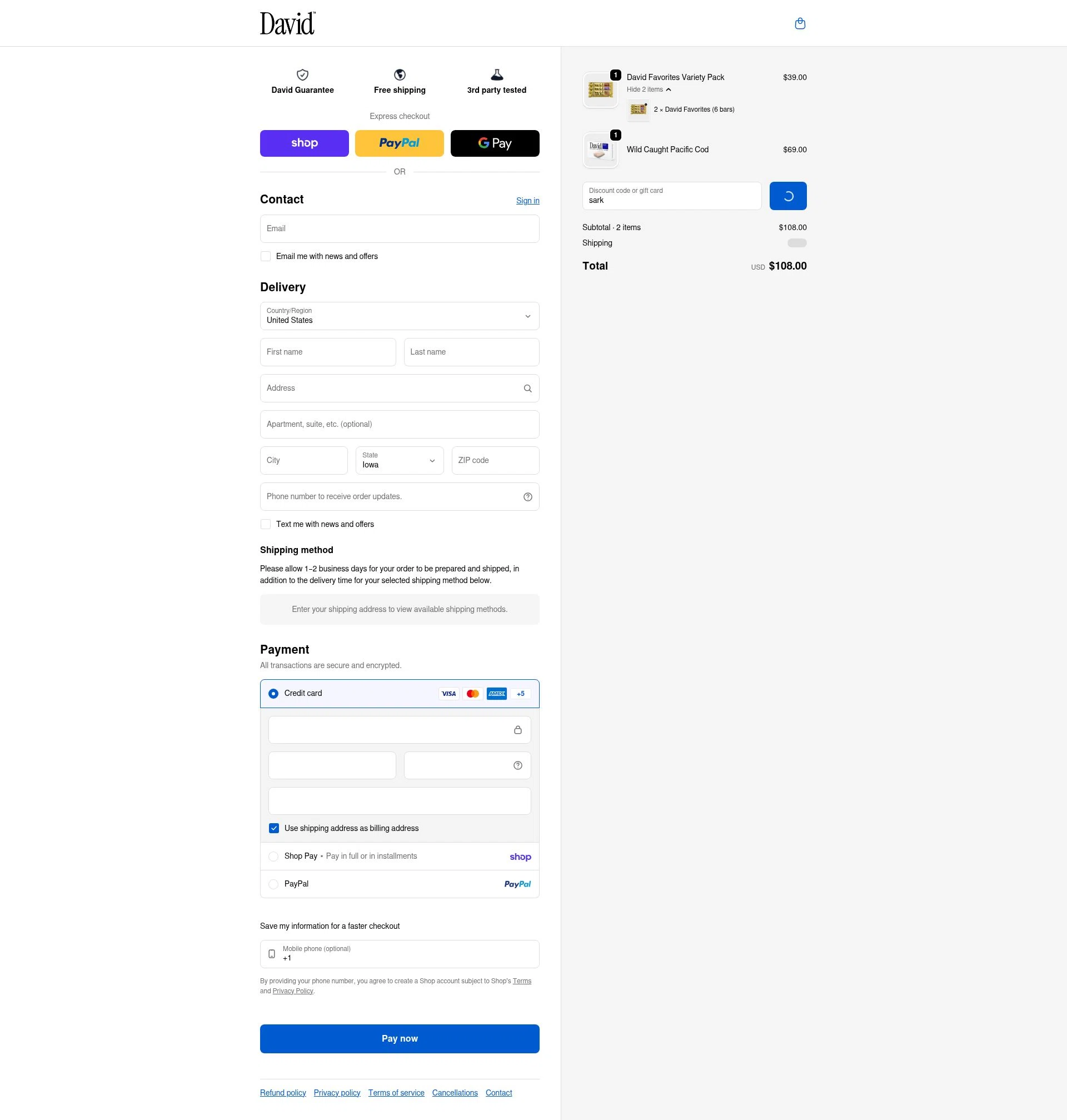 David Protein checkout page showing David Protein discount code box | Screenshot taken by SimplyCodes community member on Feb 2, 2026
