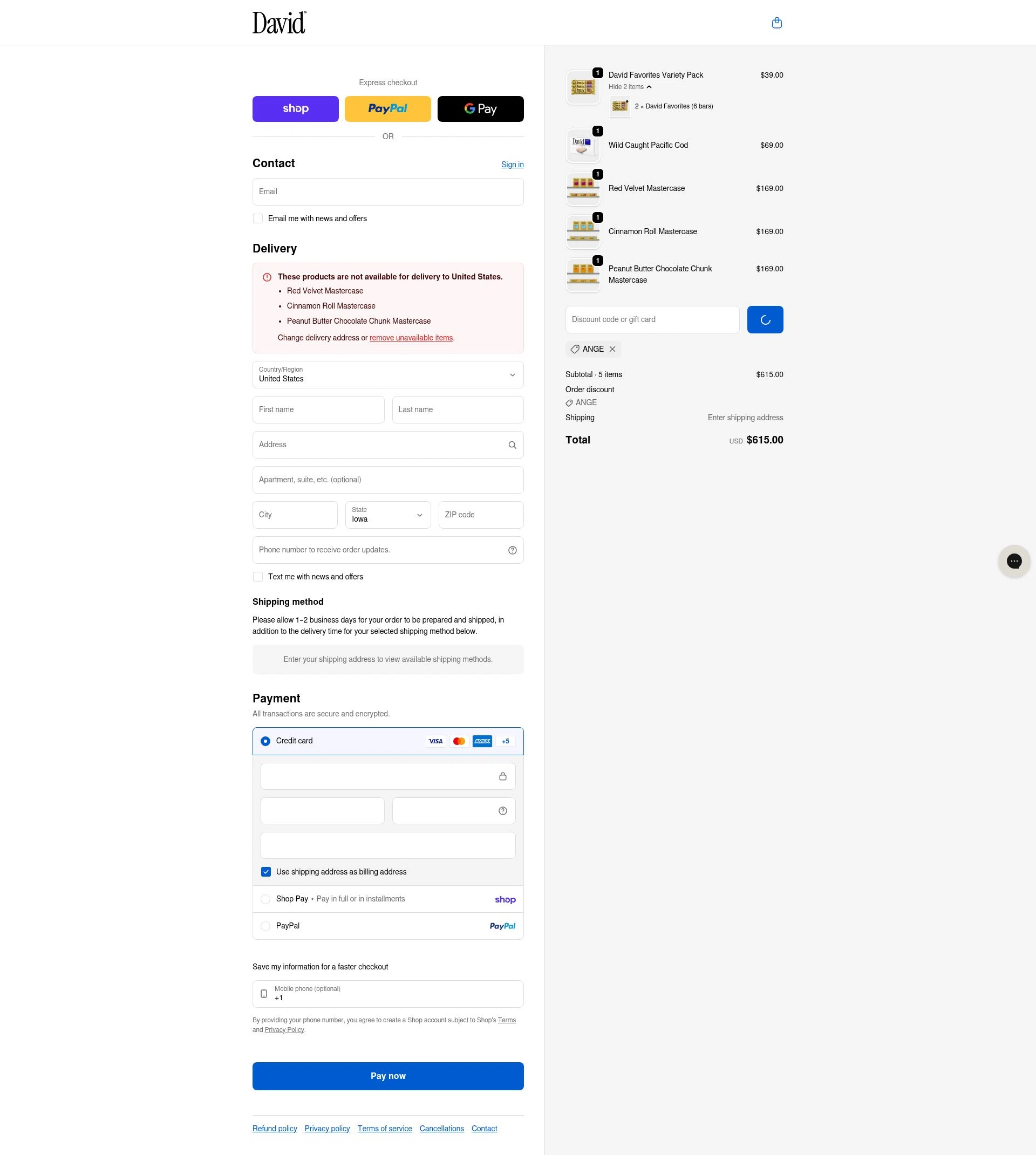 David Protein checkout page showing David Protein discount code box | Screenshot taken by SimplyCodes community member on Feb 2, 2026