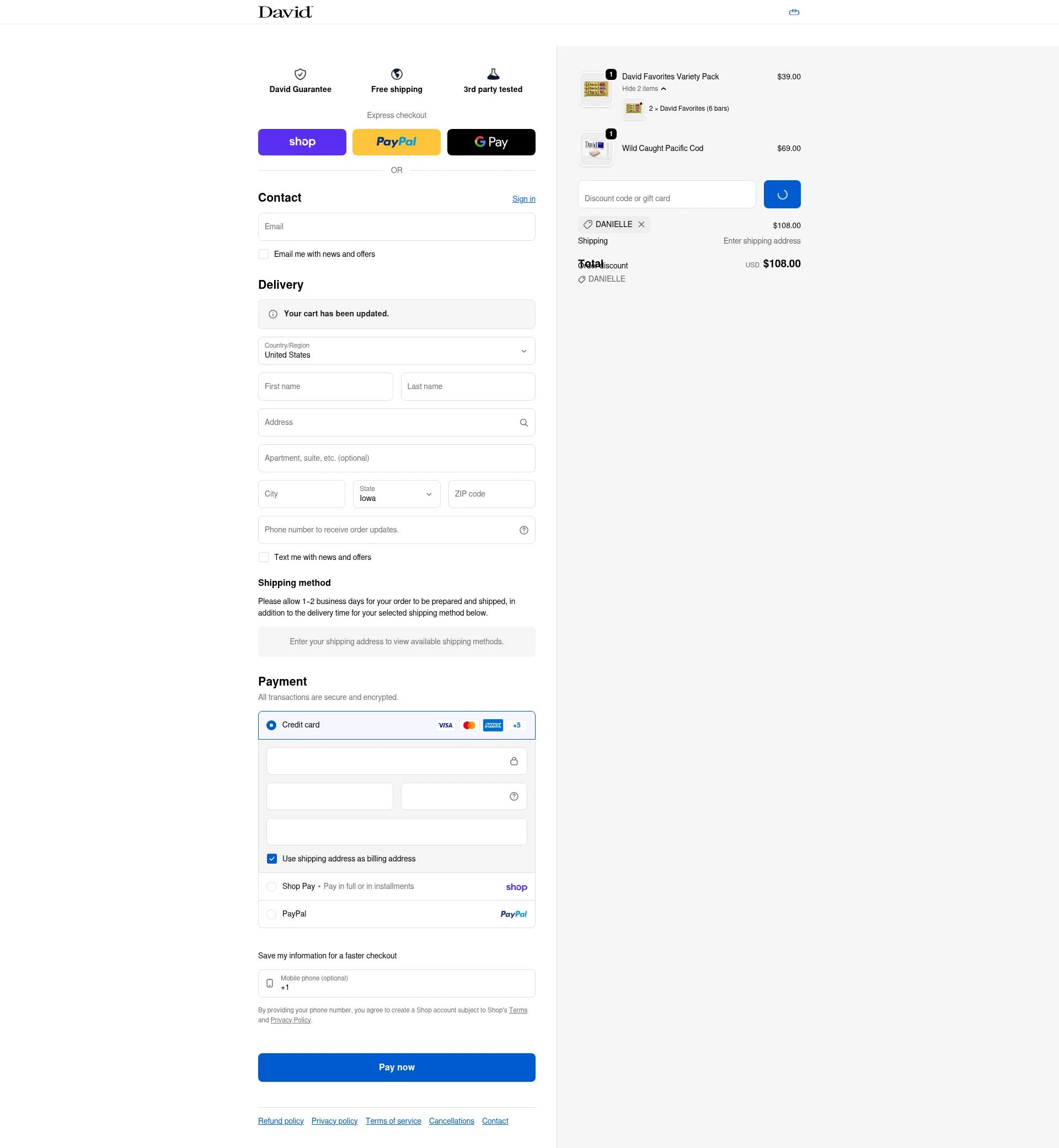 David Protein checkout page showing David Protein discount code box | Screenshot taken by SimplyCodes community member on Feb 2, 2026