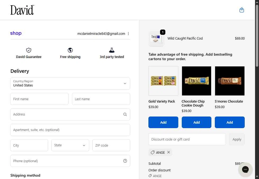 David Protein checkout page showing David Protein discount code box | Screenshot taken by SimplyCodes community member on Feb 2, 2026