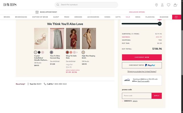 David's Bridal checkout page showing David's Bridal promo code box | Screenshot taken by SimplyCodes community member on Jul 16, 2025