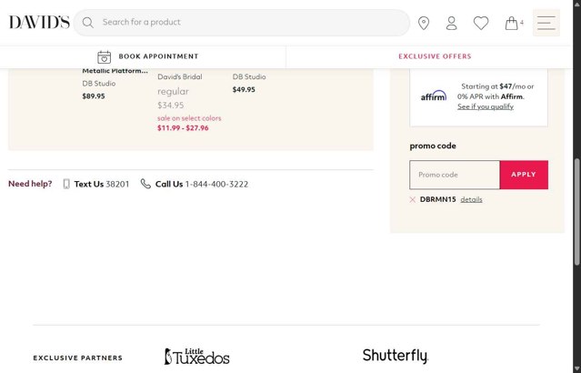 David's Bridal checkout page showing David's Bridal promo code box | Screenshot taken by SimplyCodes community member on Jul 5, 2025