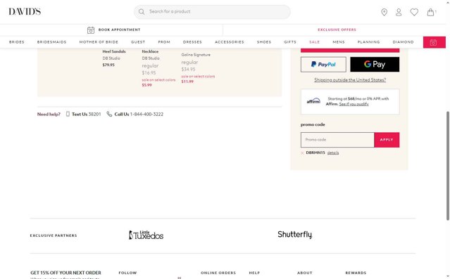 David's Bridal checkout page showing David's Bridal promo code box | Screenshot taken by SimplyCodes community member on Jul 16, 2025