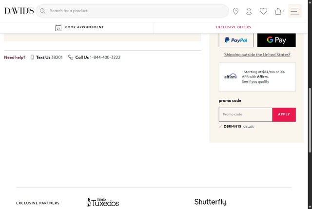 David's Bridal checkout page showing David's Bridal promo code box | Screenshot taken by SimplyCodes community member on Jul 16, 2025
