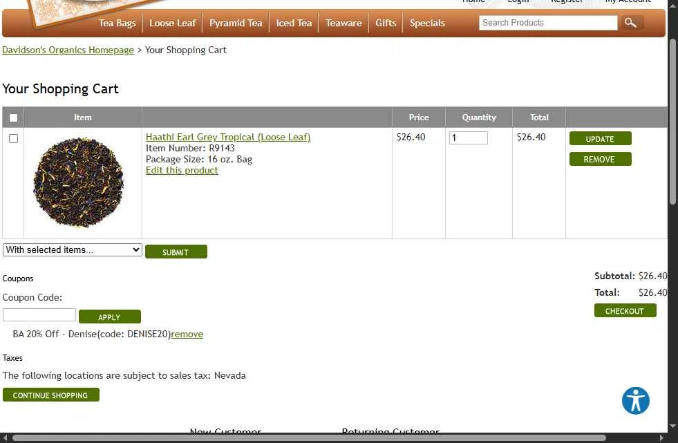Davidson's Tea checkout page showing Davidson's Tea promo code box | Screenshot taken by SimplyCodes community member on Nov 16, 2025