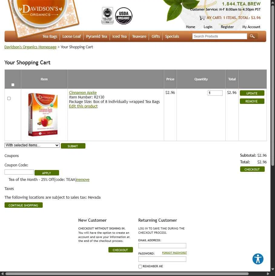 Davidson's Tea checkout page showing Davidson's Tea promo code box | Screenshot taken by SimplyCodes community member on Dec 4, 2025