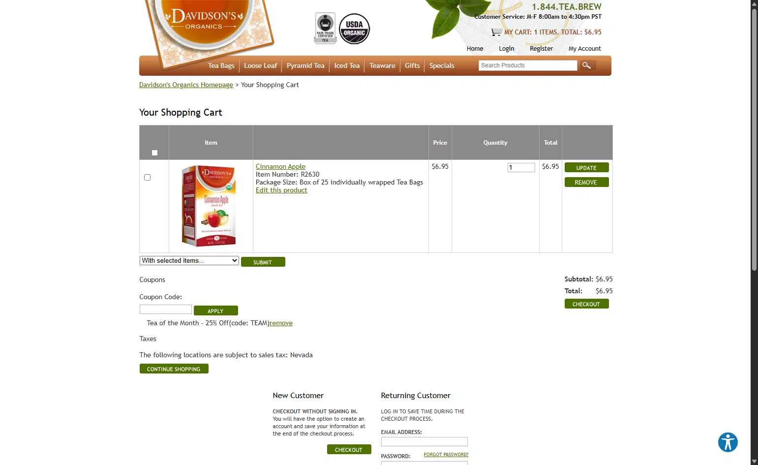 Davidson's Tea checkout page showing Davidson's Tea promo code box | Screenshot taken by SimplyCodes community member on Jan 2, 2026